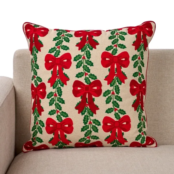 Kirklands Holly and Bow Embroidered Christmas Pillow, 20 in. Kirklands Holly and Bow Embroidered Christmas Pillow, 20 in. - Image 1