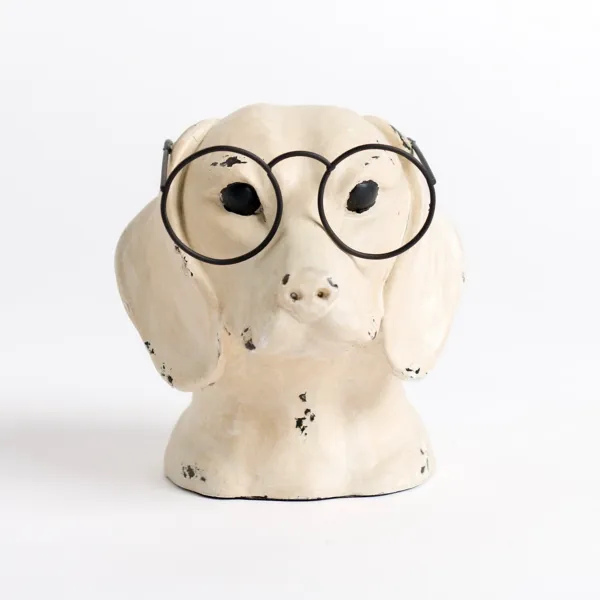 Kirklands Distressed Cream Dog with Glasses Figurine Kirklands Distressed Cream Dog with Glasses Figurine - Image 1