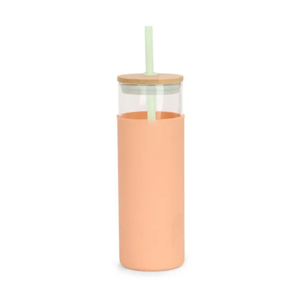 Kirklands Glass Tumbler with Peach Silicone Sleeve Kirklands Glass Tumbler with Peach Silicone Sleeve - Image 1